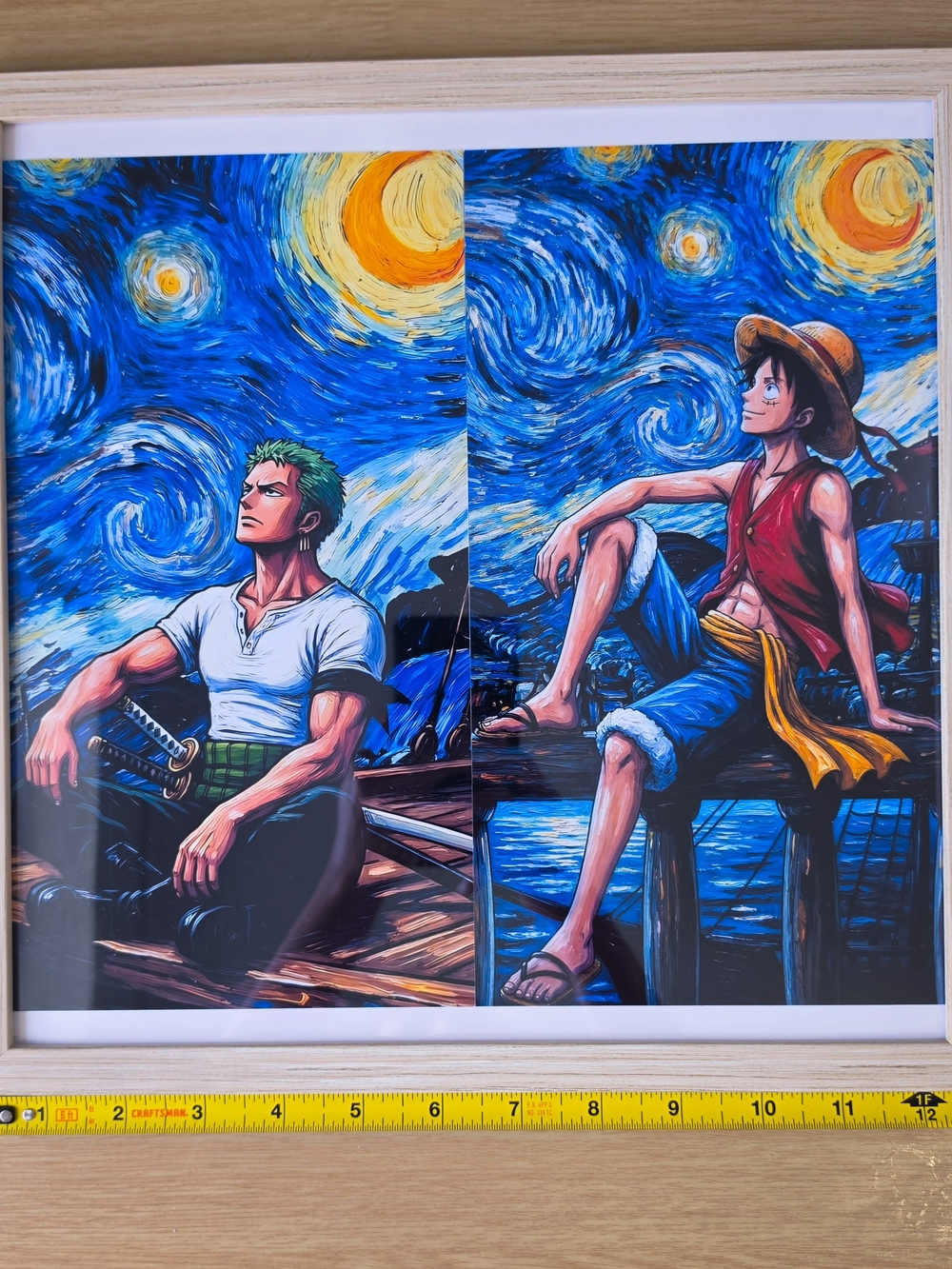 Luffy And Zoro Framed Starry Night Anime Art Print - Home Art 12"×12"